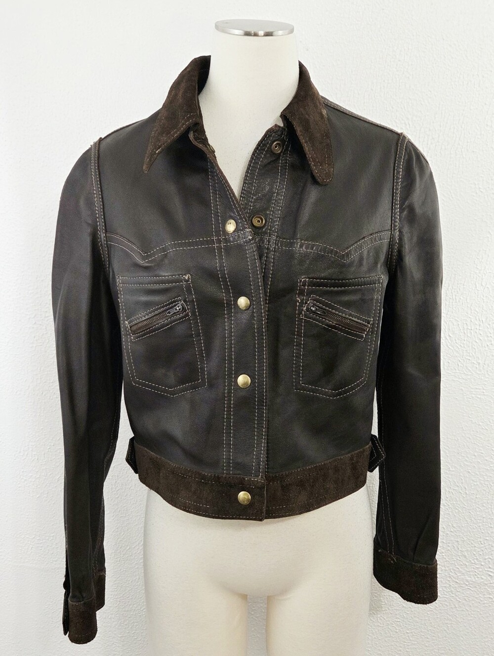 Vintage 70s reversible brown suede leather jacket aviator collared women's - Picture 2 of 8
